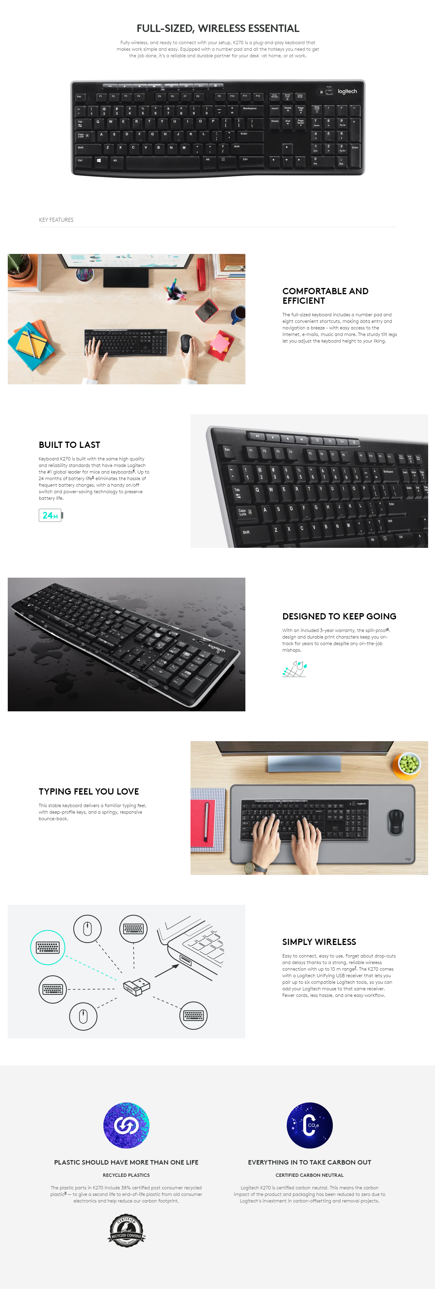 A large marketing image providing additional information about the product Logitech K270 Wireless Keyboard - Additional alt info not provided